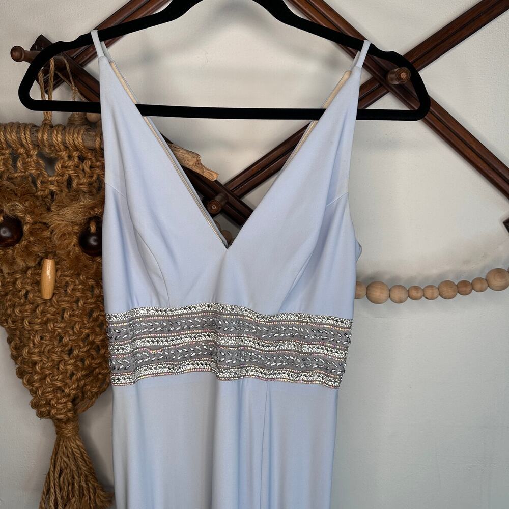 Xscape Jersey A Line Rhinestone Beaded Waist Plunge Gown